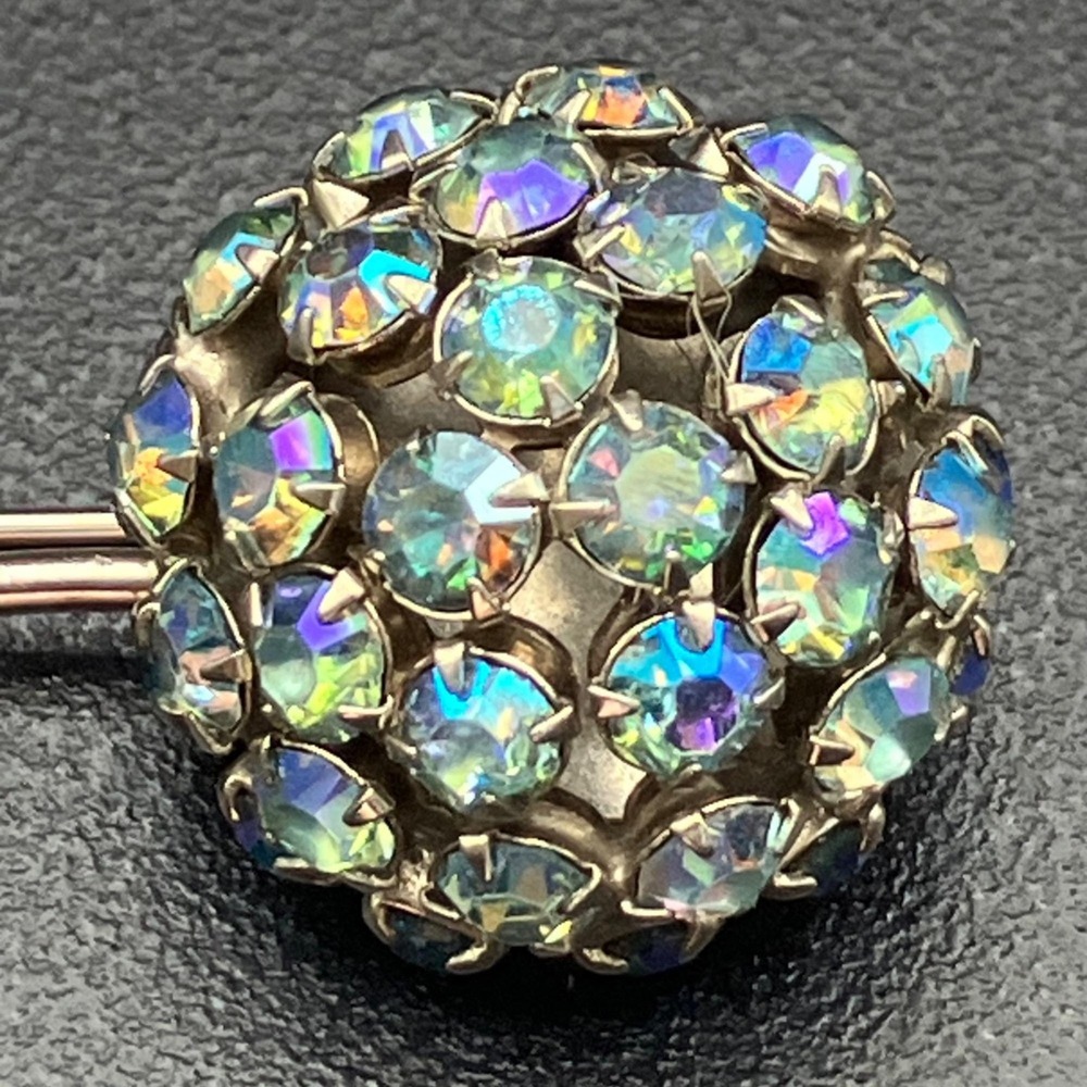 Vintage Warner Rhinestone Flower Brooch Blue AB Iridescent Domed Floral Pin 2" - Picture 8 of 11
